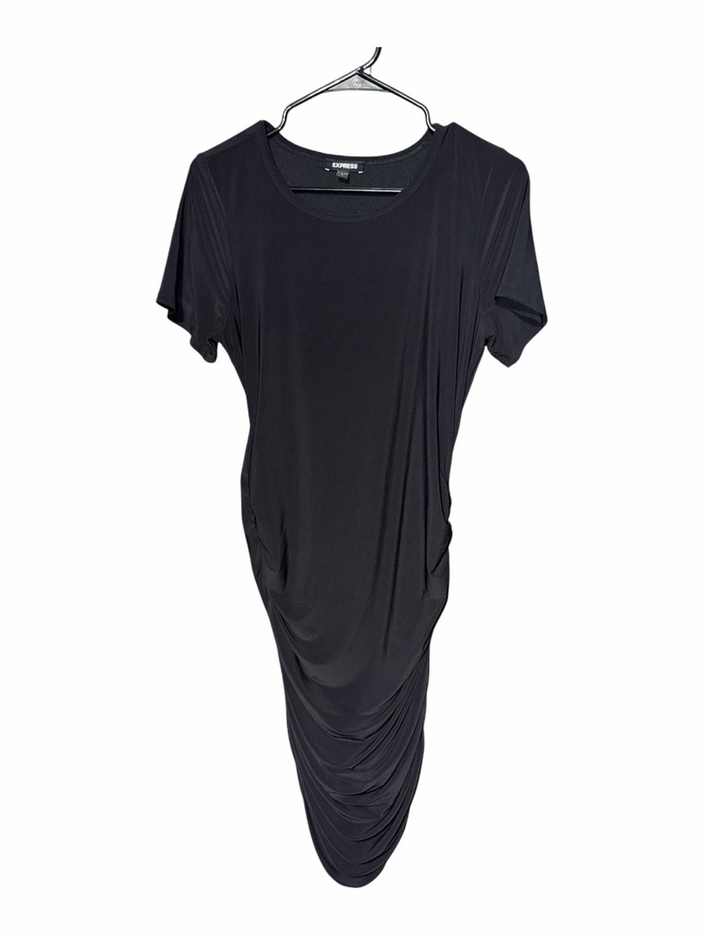 Express Black Ruched Midi Dress with Short Sleeves